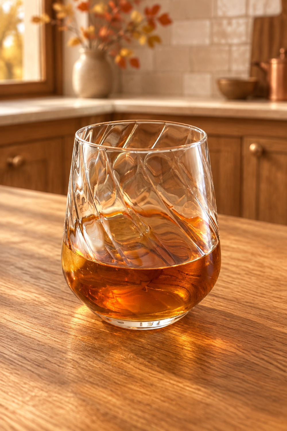 Amber drink in a warm fall Craftsman kitchen setting