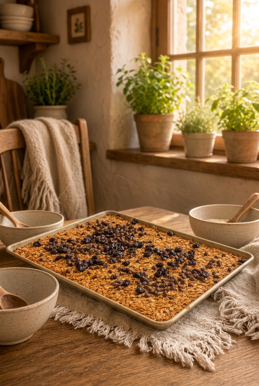 Granola sheet pan in the Swiss Cherry rustic sunlit setting