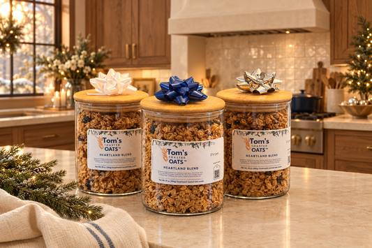 Three Heartland Blend gift jars in a festive luxury Craftsman kitchen