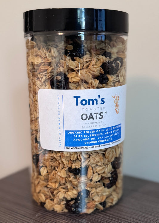 16 oz/ 1 pound Tom's Toasted Oats Performance Breakfast Blend. Plastic Jar.