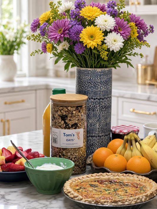 Tom’s Toasted Oats jar on a table with flowers, fruit, and a bowl