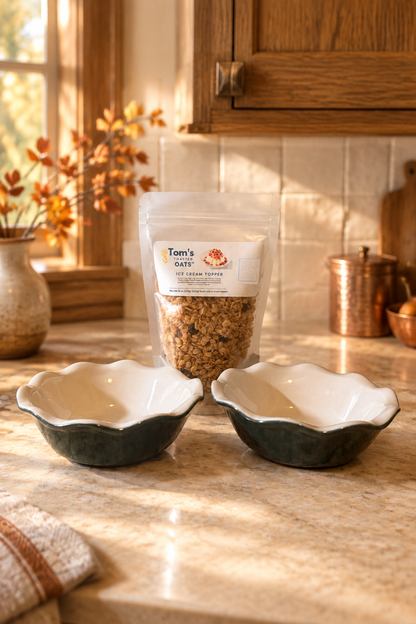 Empty bowls and oats pouch in a fall Craftsman kitchen