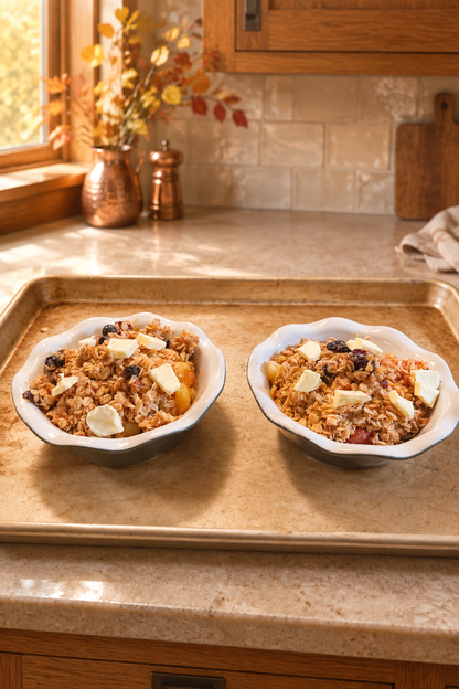 Oat topping and butter preparation in a fall Craftsman kitchen